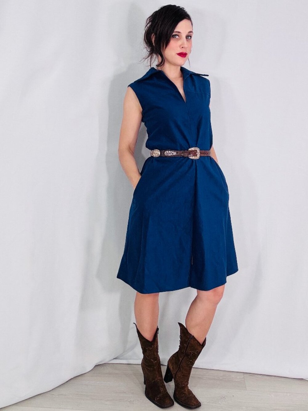 Retro 70s Navy Blue Dagger Collar Dress Vintage Western Style